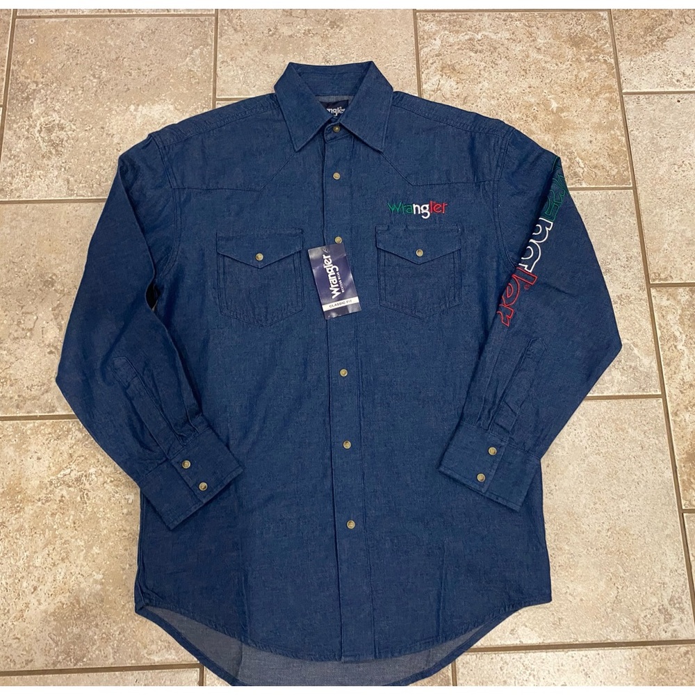 Wrangler Men's Mexico Flag Embroidered Logo Long Sleeve Western Snap Shirt - NWT